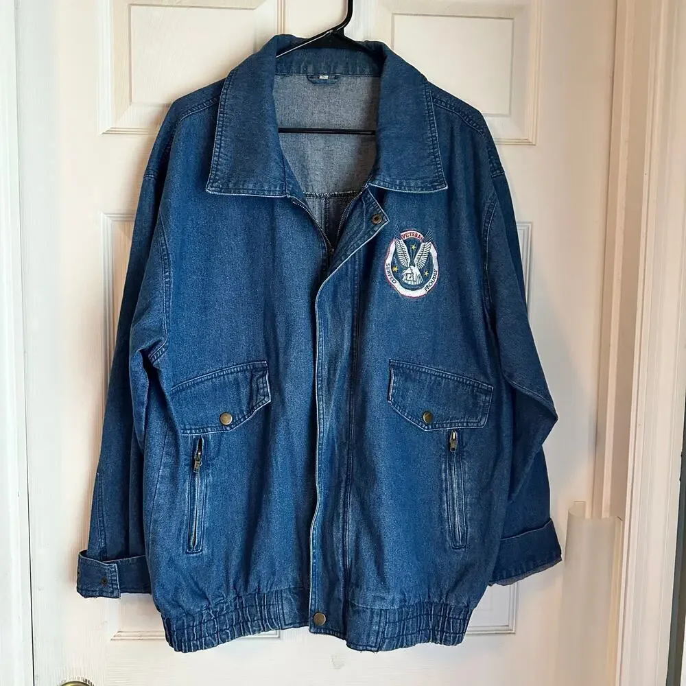Men's World War II Veteran Blue Jean Denim Jacket Size XL Embroidered Heavy